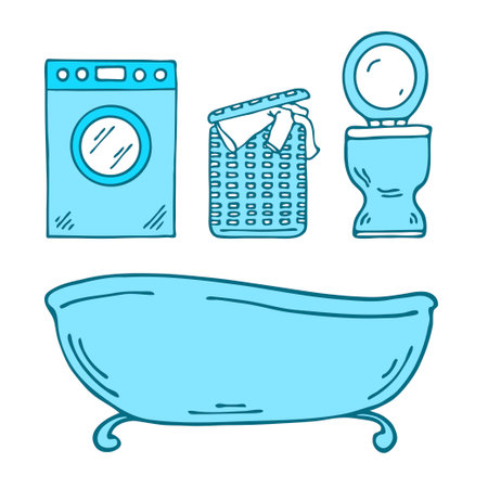 Bathroom and toilet objects set. Washing machine, laundry basket, toilet and bathtub. Cartoon vector illustration isolated on white background. Outline hand drawn sketchのイラスト素材