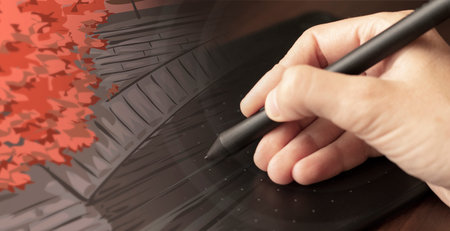 A hand draws with a stylus on a graphics tablet. Graphic designer and artist. creative work,...