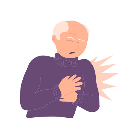 Elderly man with heart pain. Acute attack of myocardial infarction or angina pectoris. heart disease. Flat vector illustration isolated on white backgroundのイラスト素材