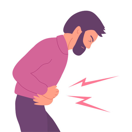 A young man suffers from abdominal pain. bent posture. Symptom of acute gastritis, diarrhea. Disease of the gastrointestinal tract. Flat vector illustration isolated on white backgroundのイラスト素材