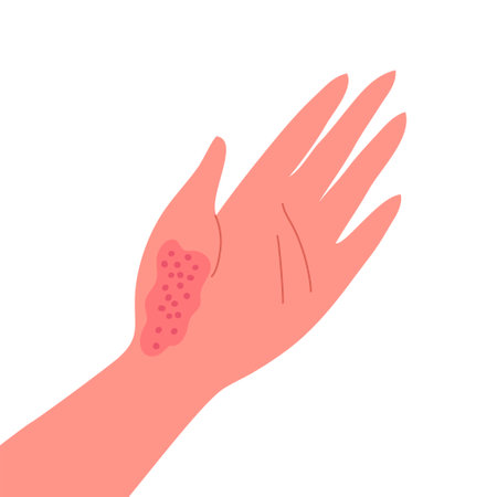Dermatitis on the skin of a human hand. Dermatological disease. The symptom is itching, pain, redness and rash. Allergic reaction. medical diagnostics and treatment. vector illustrationのイラスト素材