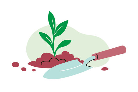 Green sprout of a plant and garden shovel. Young seedling in the ground. springtime. gardening outdoors. Flat vector illustration isolated on white backgroundのイラスト素材