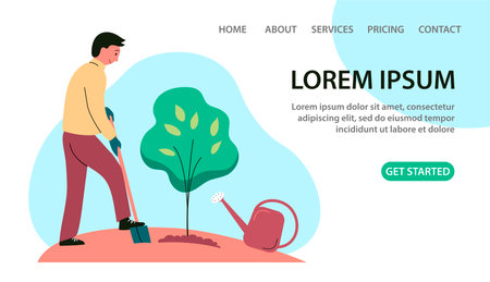 A man is planting a young tree sapling. Digging with a shovel and watering. outdoor gardening. springtime. Caring for nature and ecology. Design for poster, banner, website. vector flat illustrationのイラスト素材