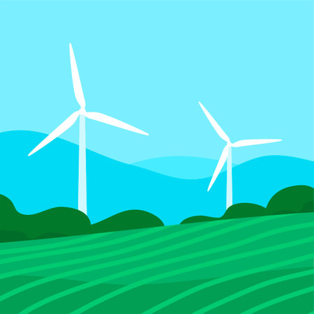 Ecological turbine wind generator on green fields. natural electricity. Caring for the environment and an alternative source of energy. vector illustrationのイラスト素材