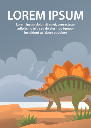 Large stegosaurus lizard. Herbivorous dinosaur of the Jurassic period. Prehistoric wildlife landscape. poster design. cartoon vector illustrationのイラスト素材