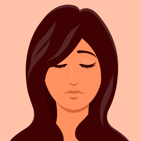 Sad face of a young woman. unhappy girl. head portrait. Female emotion, mood and frustration. cartoon vector illustrationのイラスト素材