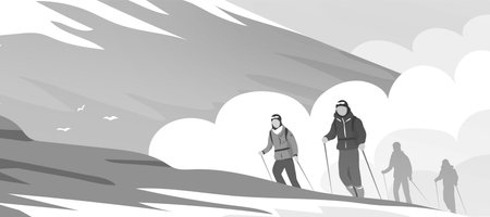 People climbers on the mountain. Hiker with backpacks on the background of a cloud. cold and snow. Adventure, active sport and challenge. black and white illustrationの写真素材