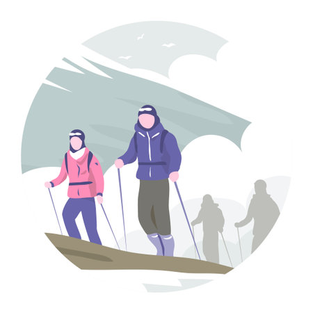 Group of climbers with backpacks on the mountain. Cloud, cold and snow. Adventure, active sport and challenge. vector illustrationのイラスト素材