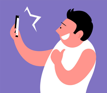 Happy man with a smartphone. Selfie and positive emotion. Funny photo. modern lifestyle. flat vector illustrationのイラスト素材