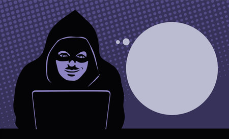 Man hacker and laptop. Cracker man with bubble for text. Modern technology, cyber attack and hacking. Black silhouette with a closed face. cartoon vector illustration pop artのイラスト素材