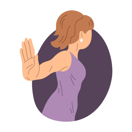 Young woman resolutely refuses. stop hand gesture. Hate, reject and respond. human negative emotion. Cartoon vector illustration isolated on white backgroundのイラスト素材