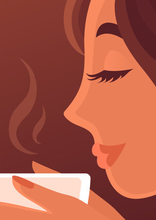 A beautiful young girl is drinking hot tea or coffee. Drink with caffeine. coffee aroma. Nice morning. Happy face with a smile. Design template for banner, poster, label. cartoon vector illustrationのイラスト素材