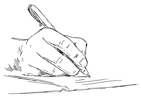 Hand writes with a pen in a notebook. Education, study and business concept. vector art illustration. Black and white sketch. line drawingのイラスト素材
