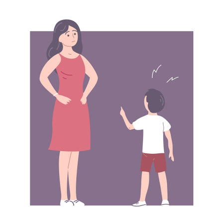 Little child is rude to mother. family conflict. Disobedient son with bad behavior. problem for the parent. flat vector illustrationのイラスト素材