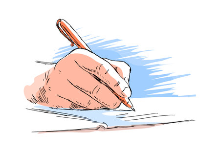 Hand writes with a pen in a notebook. Education, study and business concept. Vector color illustration sketch. line drawingのイラスト素材