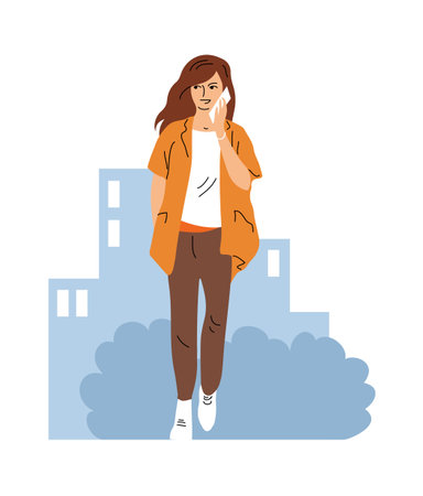 Teen girl talking on the phone in the city. Walk down the street. Flat vector illustration isolated on white backgroundのイラスト素材