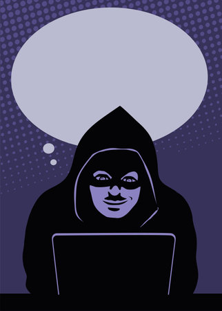Man hacker and laptop. Cracker man with bubble for text. Modern technology, cyber attack and hacking. Black silhouette with a closed face. cartoon vector illustration pop artのイラスト素材