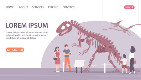 Paleontological museum with dinosaur skeletons. People adults and children on excursions. Archeology and fossil ancient lizards. Flat vector illustration. Design for website, bannerのイラスト素材