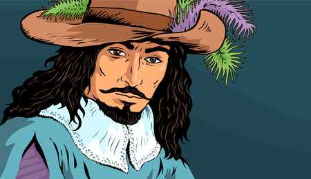 Beautiful portrait of a musketeer. On the head is a hat with feathers. French man in vintage uniform. Courageous hero. History of France. Vector art illustration closeup. hand drawn lineのイラスト素材