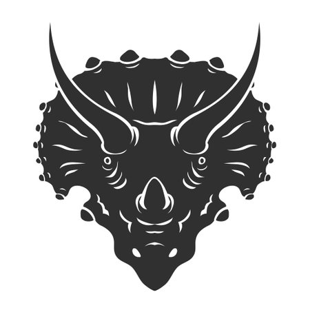 Triceratops head with formidable horns and hood. Herbivore strong dinosaur Jurassic period. big lizard. Vector illustration isolated on white background. black silhouette. Design , emblemのイラスト素材