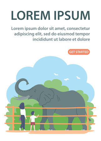Mother and child look at a elephant in the zoo. Big african herbivore mammal with trunk and tusks. wild animal. Family weekend and leisure. cartoon vector illustration. Design for website, bannerのイラスト素材