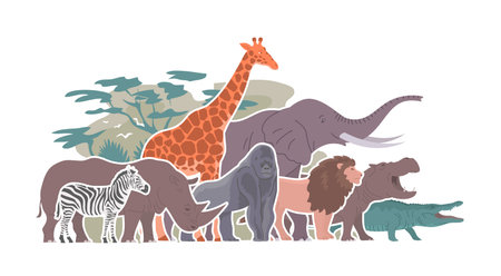 African animals set. Big elephant, giraffe, rhinoceros, lion and zebra. Herbivorous and carnivorous. Wildlife mammal. fauna zoology. flat vector collection illustrationのイラスト素材
