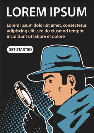 Male detective with a magnifying glass in hand. Head is a hat. Investigation and search for evidence. Vector illustration retro pop art. Black background. Design for banner, poster, websiteのイラスト素材