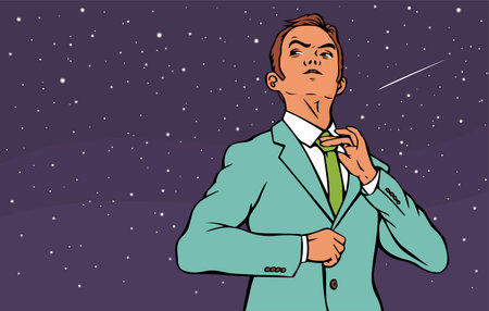 Portrait of a young ambitious businessman. A man in a business suit and tie. Starry sky background. Career growth and success. cartoon vector illustration. pop art retro hand drawnのイラスト素材