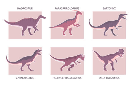 Set of ancient carnivorous and herbivorous dinosaurs. Carnotaurus, hadrosaur, baryonyx. Extinct lizard of the Jurassic period. paleontological animals. prehistoric dino. vector illustrationのイラスト素材