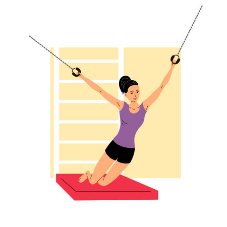 physical rehabilitation clinic. The girl stretches her muscles on training apparatus. therapy and recovery. flat vector illustrationのイラスト素材