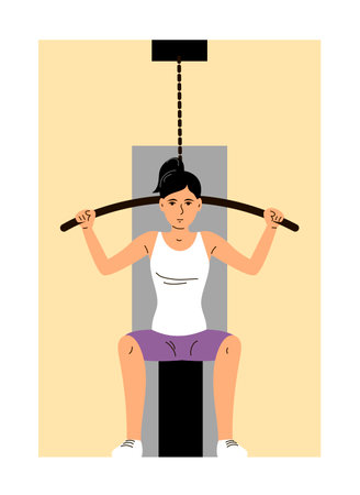 Young woman doing exercises on a sports simulator. Body training and strengthening. Sport, therapy and recovery. flat vector illustrationのイラスト素材