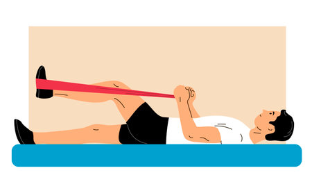 Man doing exercises. elastic tourniquet. Sport, therapy and recovery. flat vector illustrationのイラスト素材