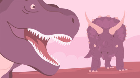 Tyrannosaurus rex vs triceratops. Carnivorous dinosaur. Big lizard of the Jurassic period. Prehistoric animals. Cartoon vector illustrationのイラスト素材