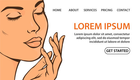 Young beautiful woman cares for the skin of the face. Spreads cream. Vector hand drawn illustration. Web banner with white backgroundのイラスト素材