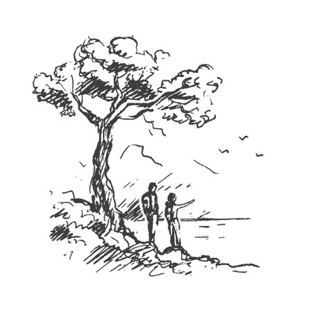 Man and woman with backpacks travel in the wild. Active lifestyle, hiking tourism. Nature background. Black and white vector illustration. Hand drawn sketch lineのイラスト素材