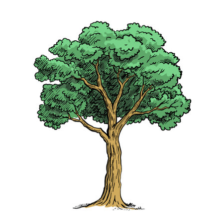 Tree with green leaves. Template element for design and decoration. nature and forest. Cartoon vector illustration isolated on white background. hand drawn outline sketchのイラスト素材