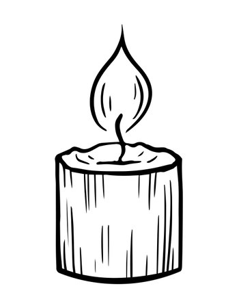 Burning paraffin candle. A spark of flame. Aromatic accessory for home, spa salon. Black and white vector illustration. Sketch hand drawn lineのイラスト素材