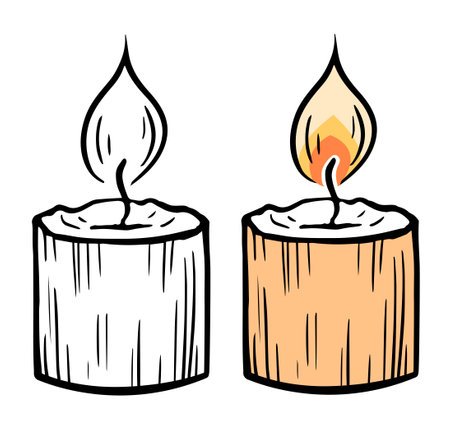 Burning paraffin candle. A spark of flame. Aromatic accessory for home, spa salon. Black and color vector illustration. Sketch hand drawn lineのイラスト素材