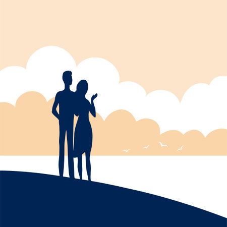 Young couple by the sea. Seascape with coast, clouds and mountains. Silhouette man and woman. beautiful nature wildlife. wild beach. Sea and seagulls. flat vector illustration backgroundのイラスト素材