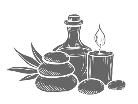 Massage at a beauty spa. Stones, aroma candle, massage oil in a bottle. Black silhouette. Design for label, beauty salon. Vector illustration. Hand drawn sketchのイラスト素材