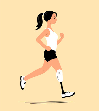 A girl athlete with a bionic prosthetic leg. Exercise running. Recovery and medical and rehabilitation. A fulfilling and happy lifestyle. Vector illustrationのイラスト素材