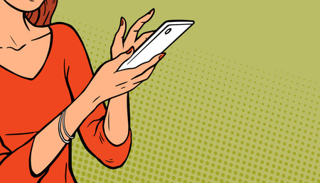 Modern young woman with a smartphone. The concept of caring for the environment. Banner and background. Cartoon vector illustration hand drawn. Pop art comic styleのイラスト素材