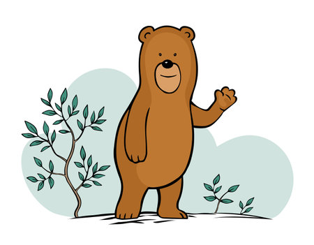 Cartoon bear on forest background. Puzzled face. Tree foliage. Funny and clumsy character for children. Wild animal. Character for a postcard. Vector isolated animal illustration. Hand drawn lineのイラスト素材