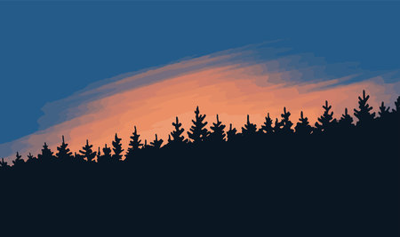 A dramatic night sky with the glow of the sun. Coniferous forest silhouette on a blue background....