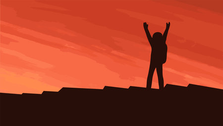 Man has conquered the planet Mars. Silhouette of an astronaut against the red sky. Victory of science and technology. Futuristic vector art illustrationのイラスト素材