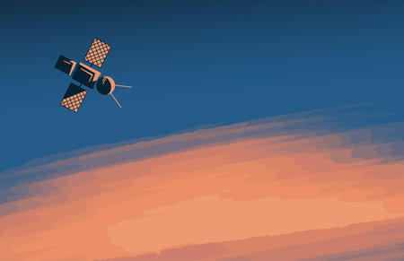 A spaceship flies in space. Beautiful outer space. Planet exploration. Scientific mission. Vector illustration for backgroundのイラスト素材