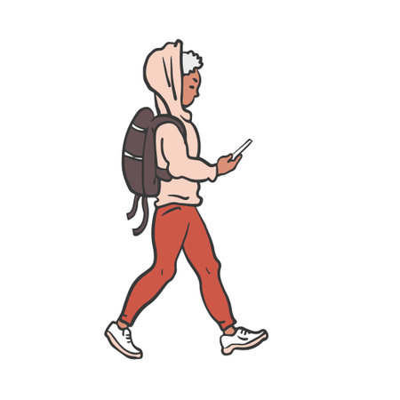Teen boy with phone. Walking down the street. Flat vector illustration isolated on white background. Hand drawn sketch outlineのイラスト素材