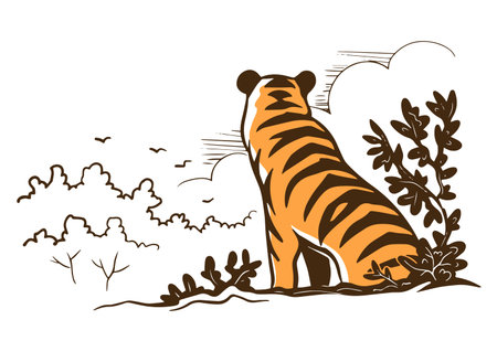 Tiger in the wild. Big cat. Strong animal predator. Striped orange skin. Fauna and zoo. Vector illustration. Sketch hand drawnのイラスト素材