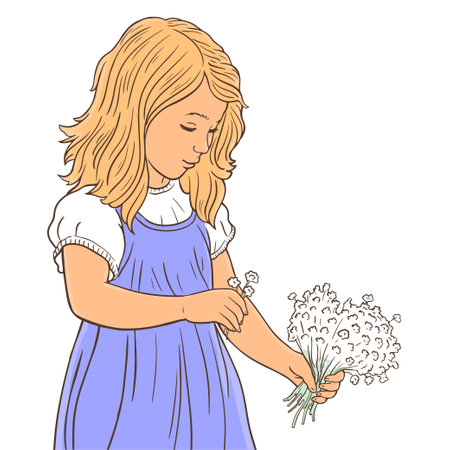 Little girl with wildflowers. Cartoon vector illustration isolated on white background. Hand drawn styleのイラスト素材