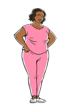 A plump woman in a tracksuit. Care of body and figure. Diet, sports and health. Cartoon vector illustration isolated on white background. Hand drawn outlineのイラスト素材